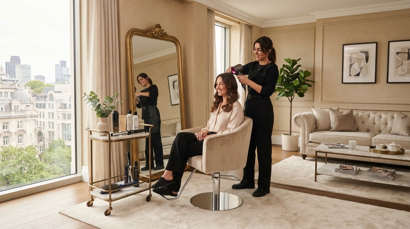 Bright hotel suite styled as a luxury mobile hair appointment space