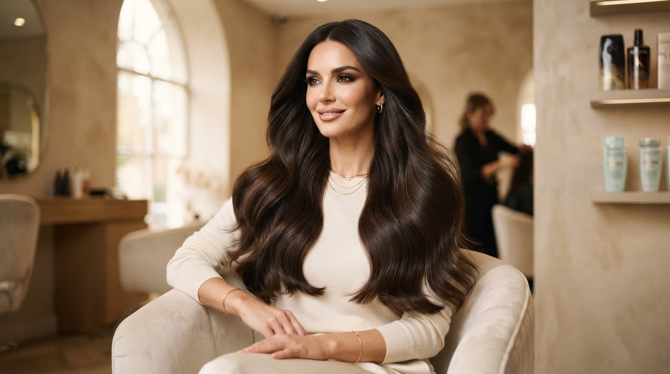 Long glossy voluminous hair extensions maintained for longevity