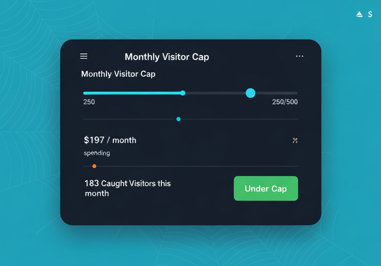 LeadSpyder budget cap control dashboard showing monthly visitor ceiling set at 250 with spend tracker