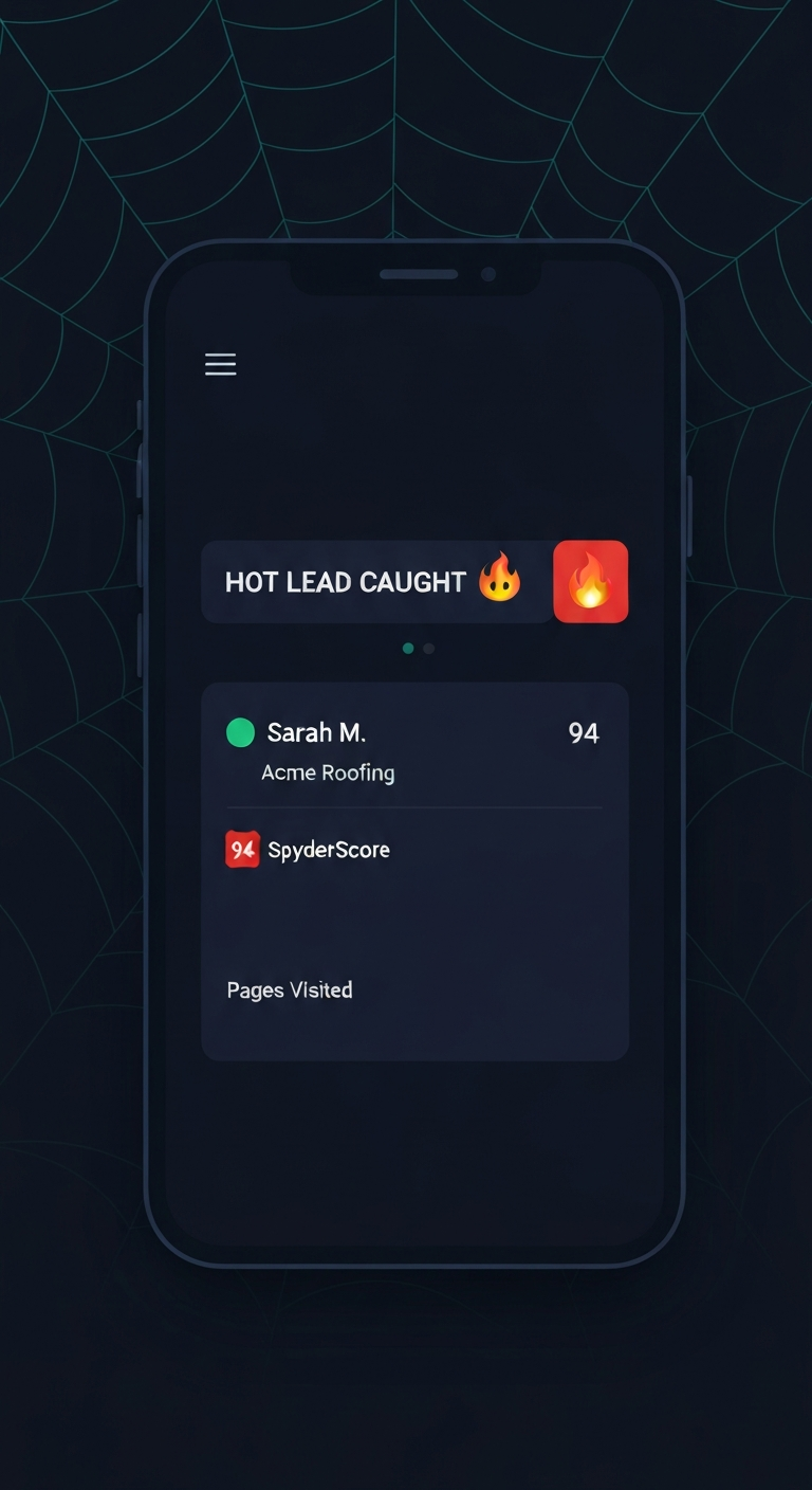 SpyderAlert push notification on mobile showing HOT LEAD caught with SpyderScore 94