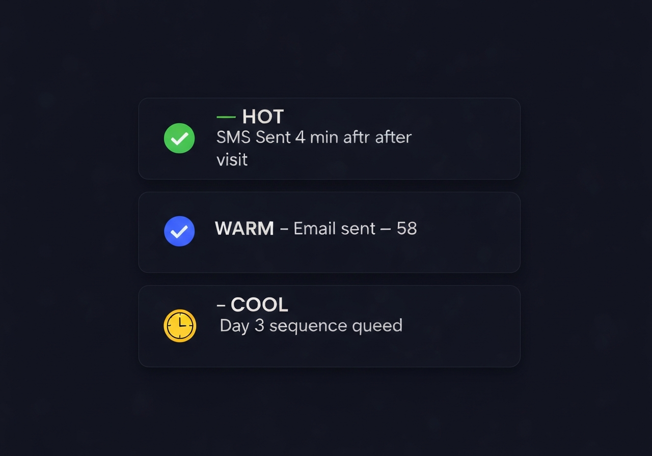 SpyderFlow automated outreach sequences showing SMS, email, and follow-up message queue with delivery status