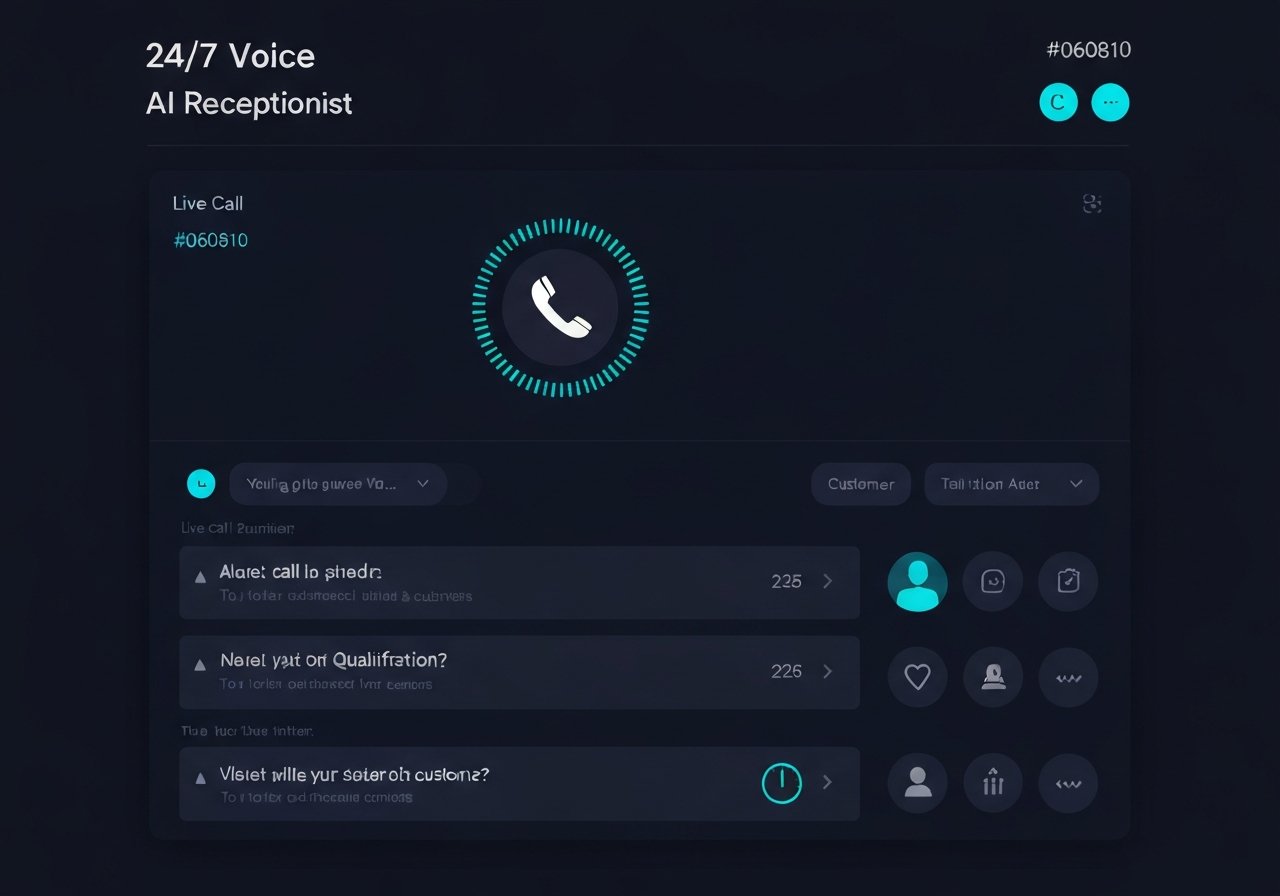 Voice AI Receptionist interface showing live call in progress with qualification transcript and automated scheduling