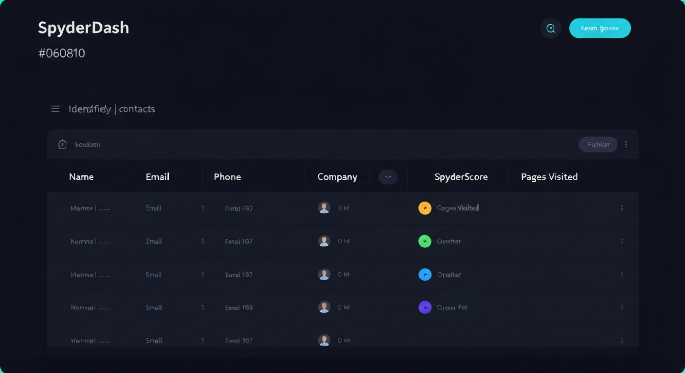 SpyderDash CRM command center showing identified visitor contacts with SpyderScore rankings and contact details
