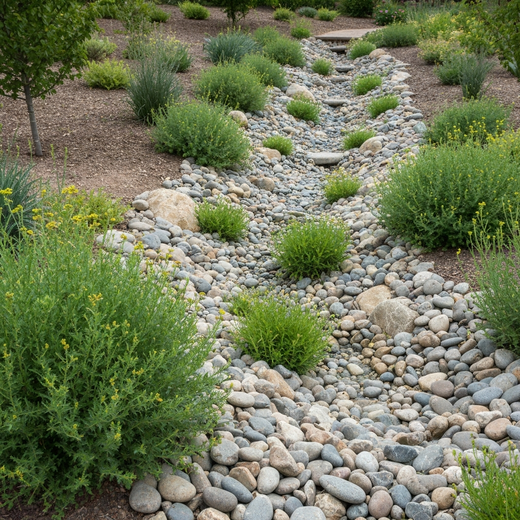 Dry creek bed landscape drainage feature