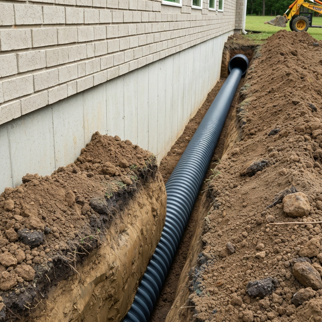 Corrugated drainage pipe in a trench