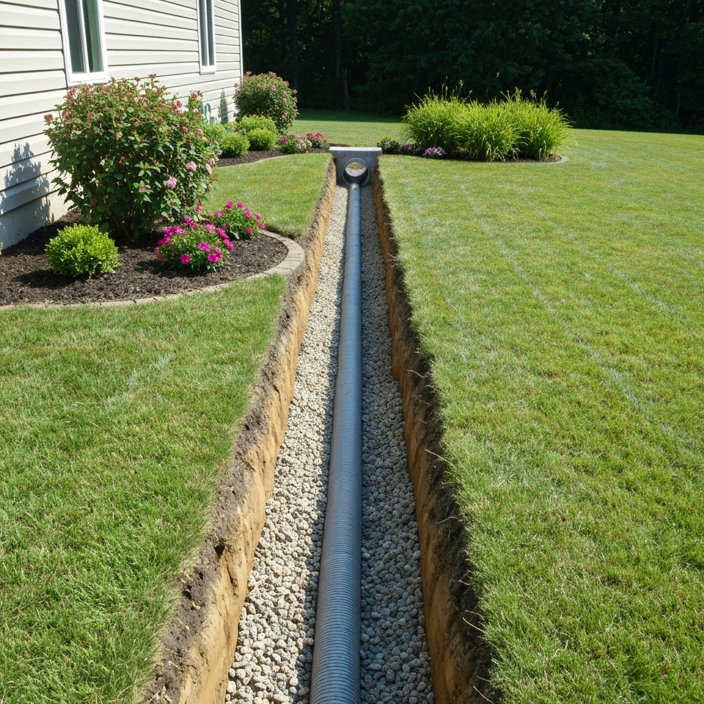 French drain installation in a residential yard