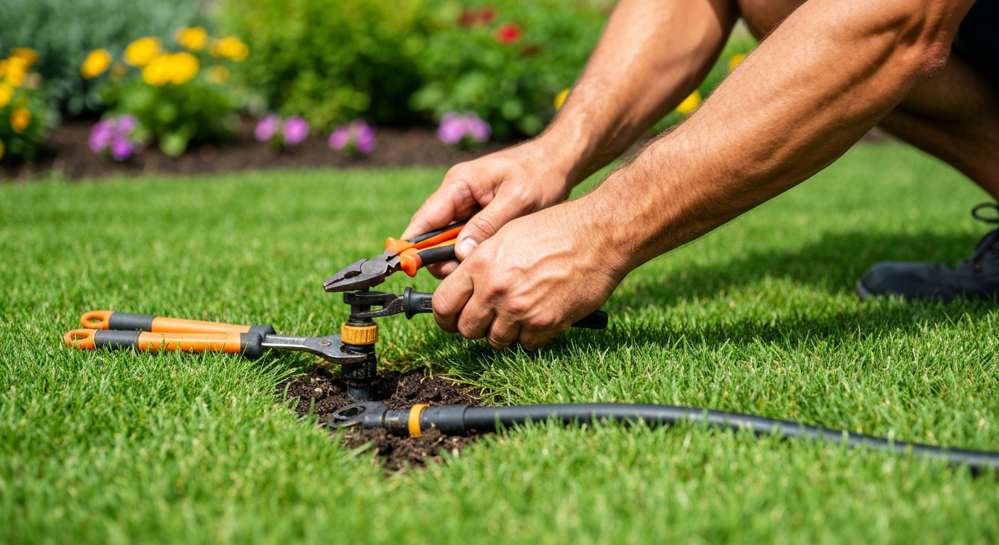 Professional repairing a lawn sprinkler system