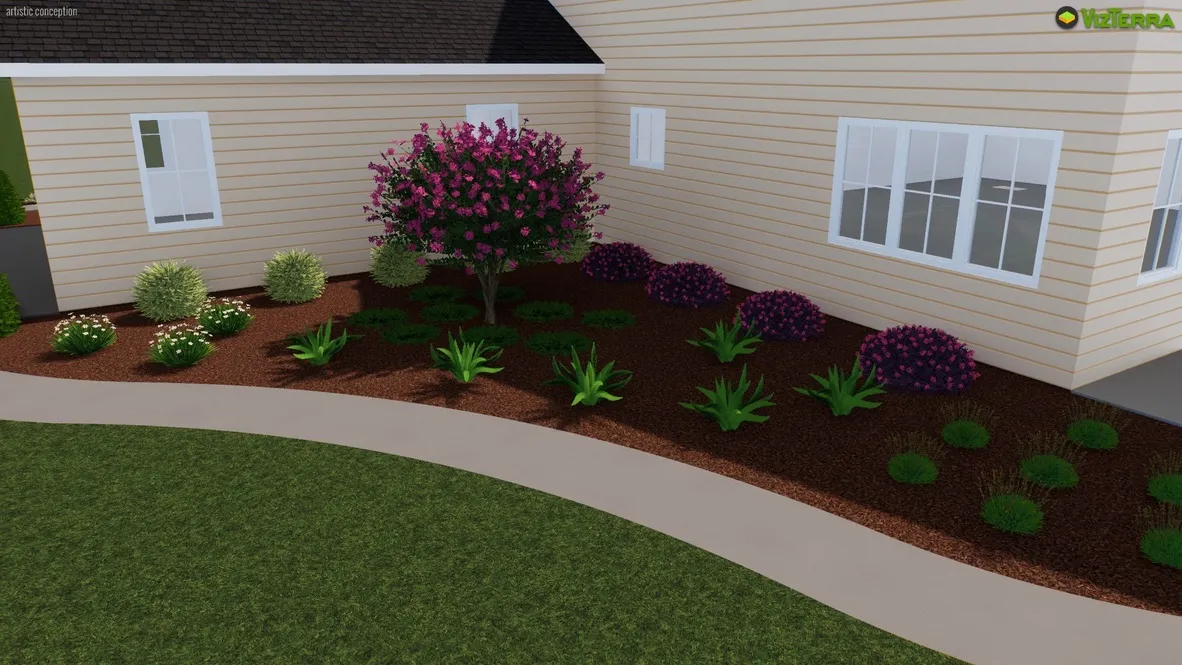 3D landscape design rendering of garden beds