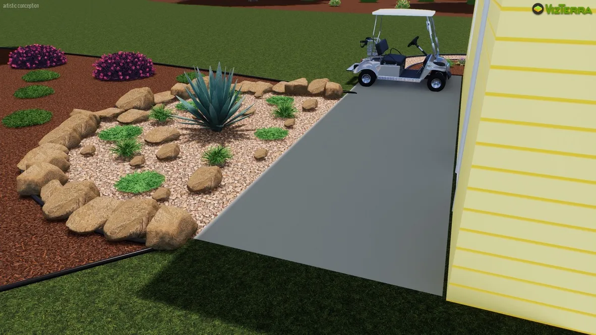3D landscape design rendering of a driveway and rock bed