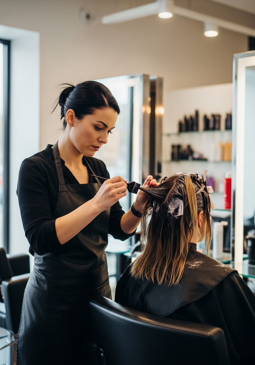 Professional female hair stylist coloring client's hair in a modern salon