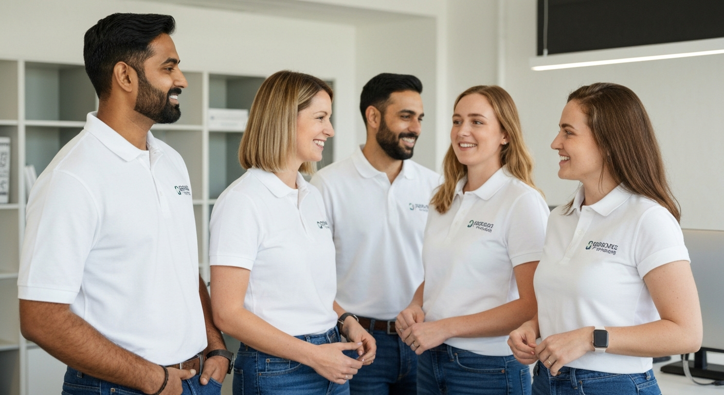 Professional team in branded workwear
