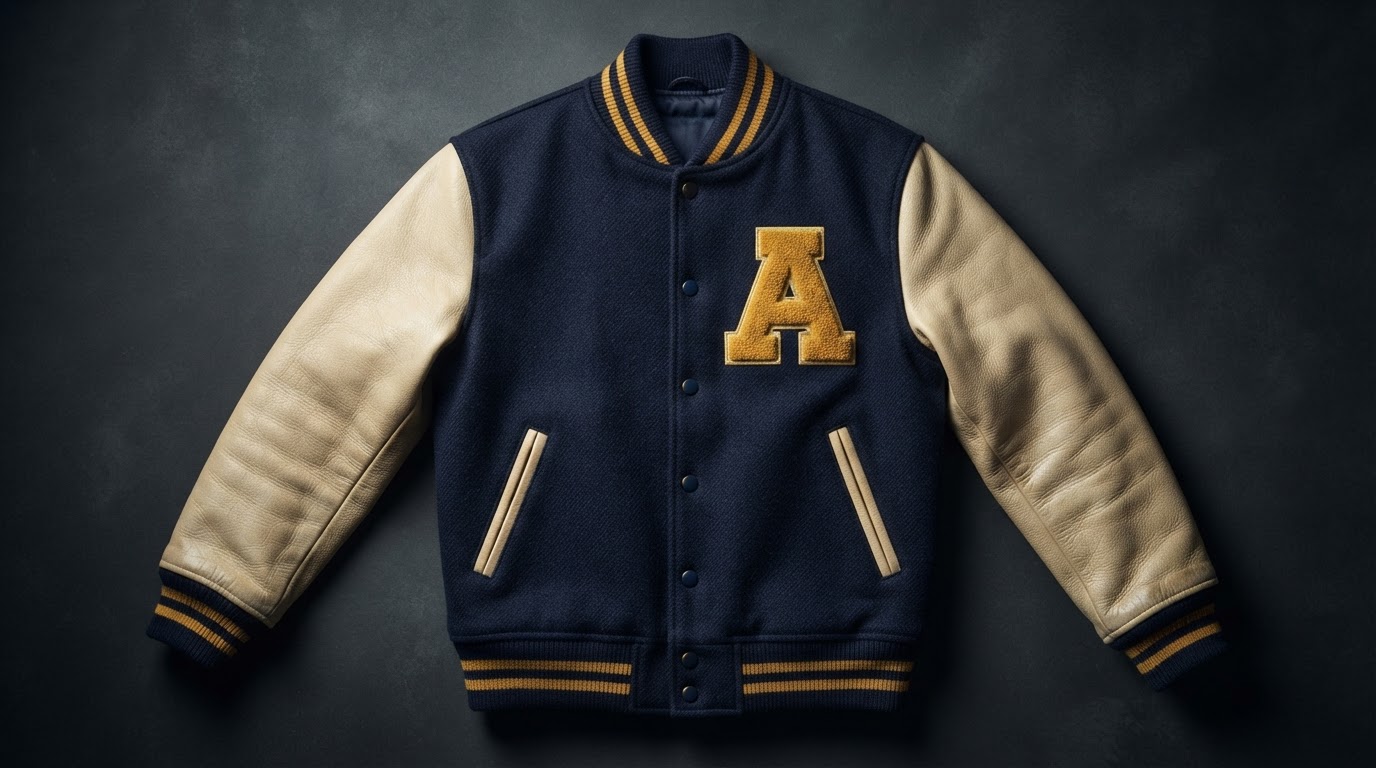 Custom varsity jacket with navy wool body, cream leather sleeves, and gold chenille letter