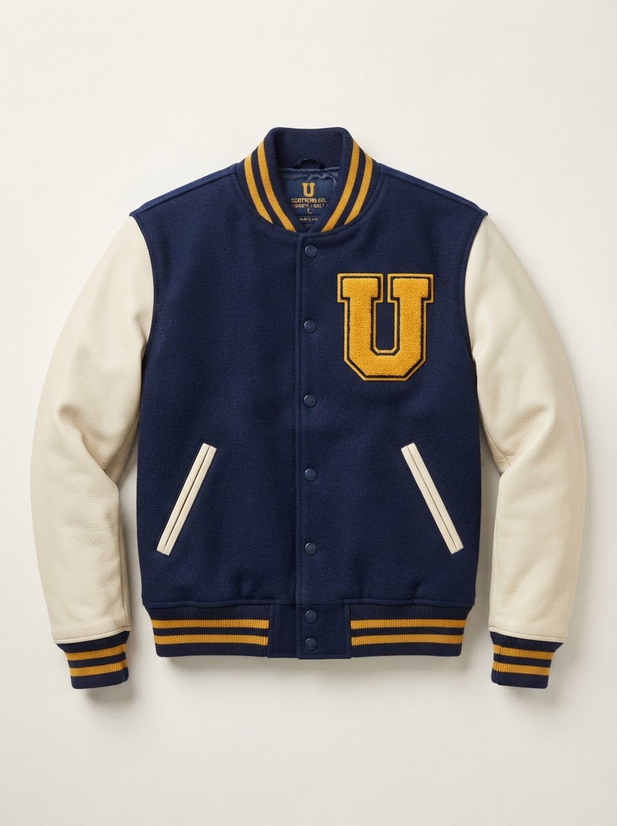 Labeled diagram of a varsity jacket showing the body, sleeves, knit stripes, knit background, and pocket trim