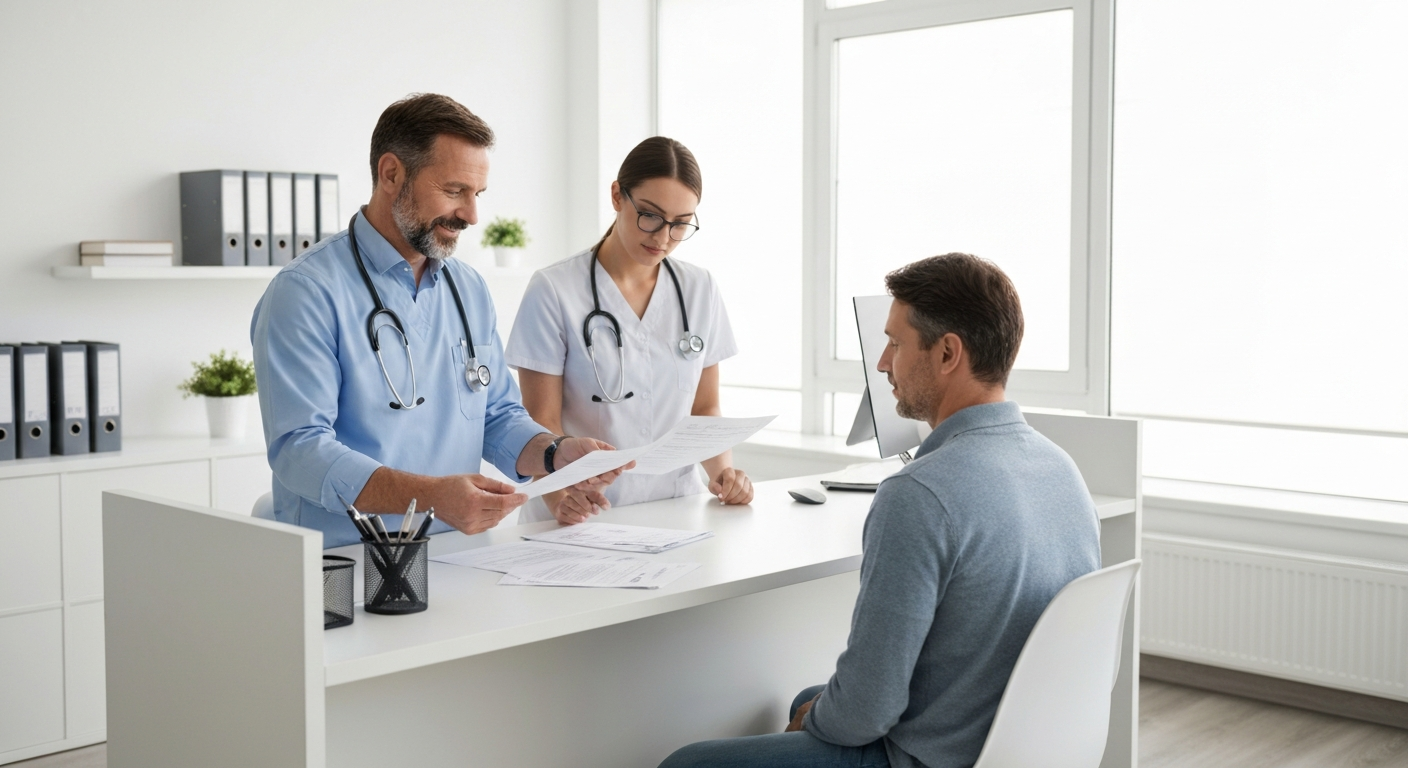 Medical professionals discussing paperwork with a patient in a bright office, emphasizing insurance support for mobility equipment.
