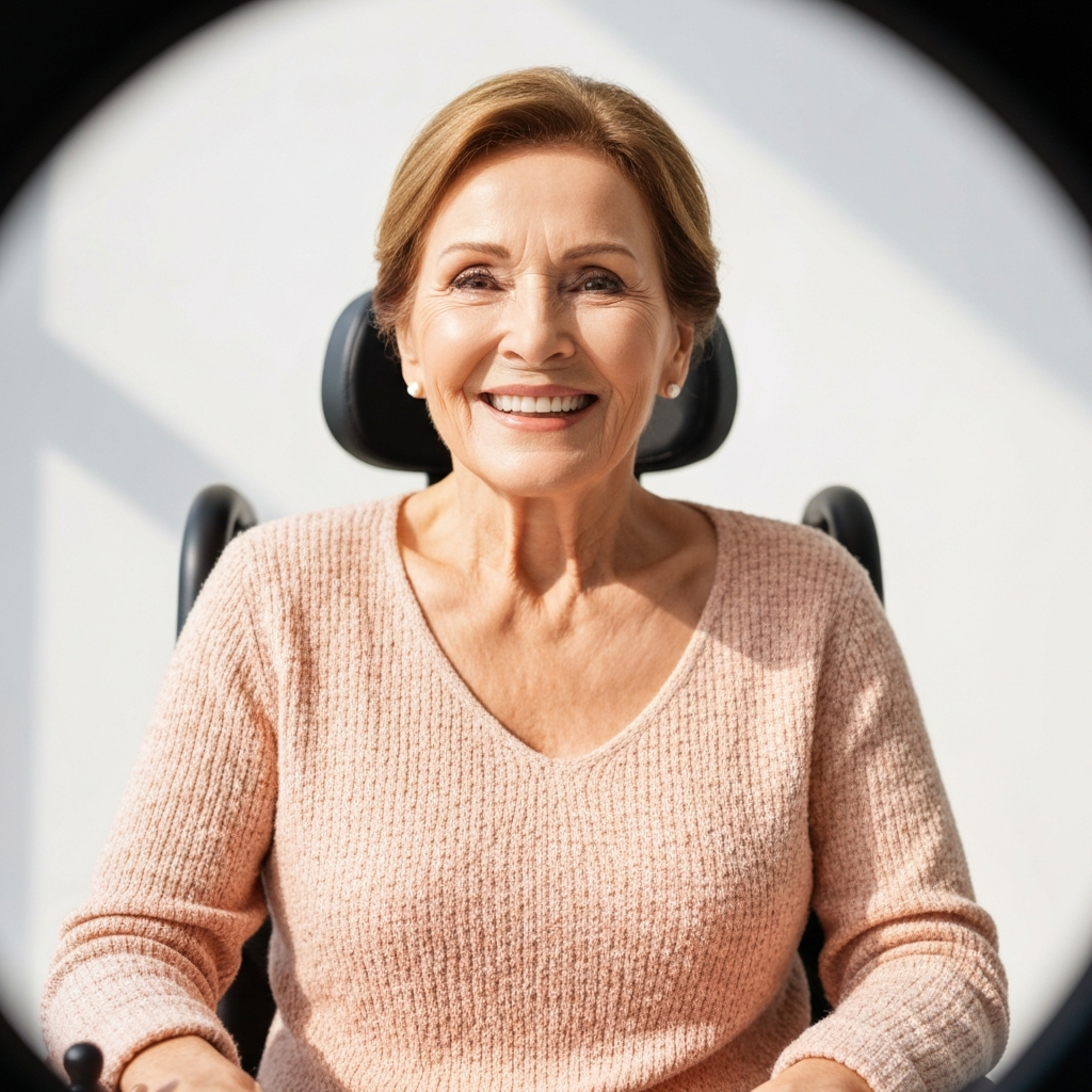 Smiling elderly woman in a power wheelchair, showcasing mobility solutions and comfort in clinical seating.