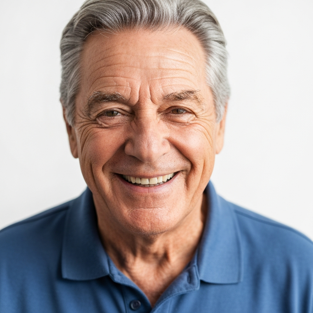 Smiling older man in a blue polo shirt, representing the importance of caregiver support and community in mobility solutions.