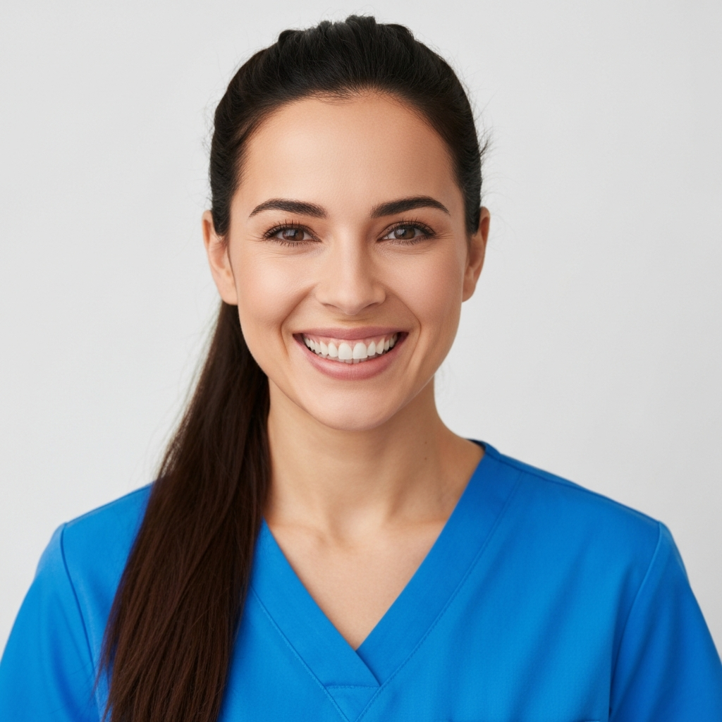 Smiling healthcare professional in blue scrubs, representing MES Mobility's commitment to patient care and mobility solutions.