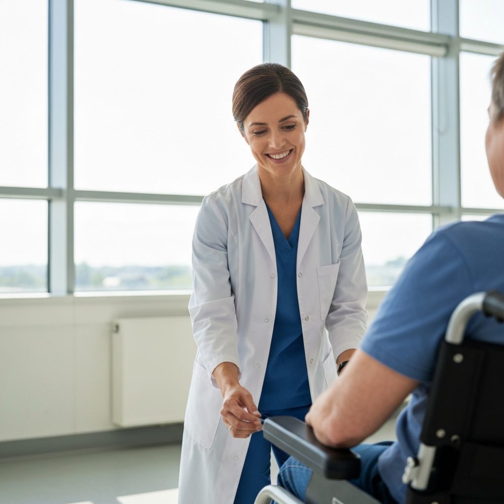 Healthcare professional in a white coat conducting a seating assessment for a wheelchair user in a clinical setting, emphasizing the importance of proper seating and positioning for mobility and comfort.