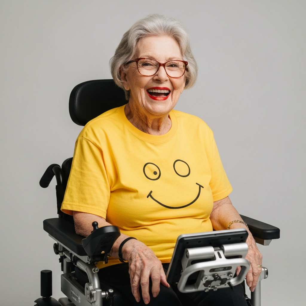 Smiling elderly woman in a yellow shirt with a smiley face, seated in a power wheelchair, showcasing mobility solutions and enhancing user comfort.
