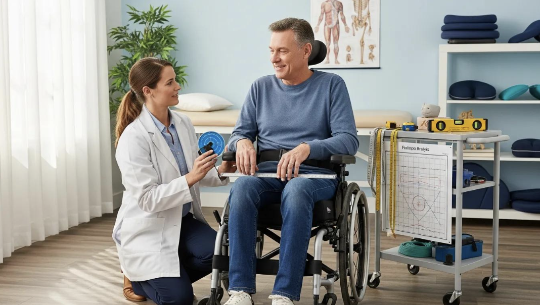 Physical therapist conducting a clinical seating evaluation for a wheelchair user, measuring posture and alignment