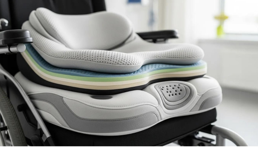 Comparison of wheelchair cushion types showing layered foam, gel, and air flotation options for pressure relief