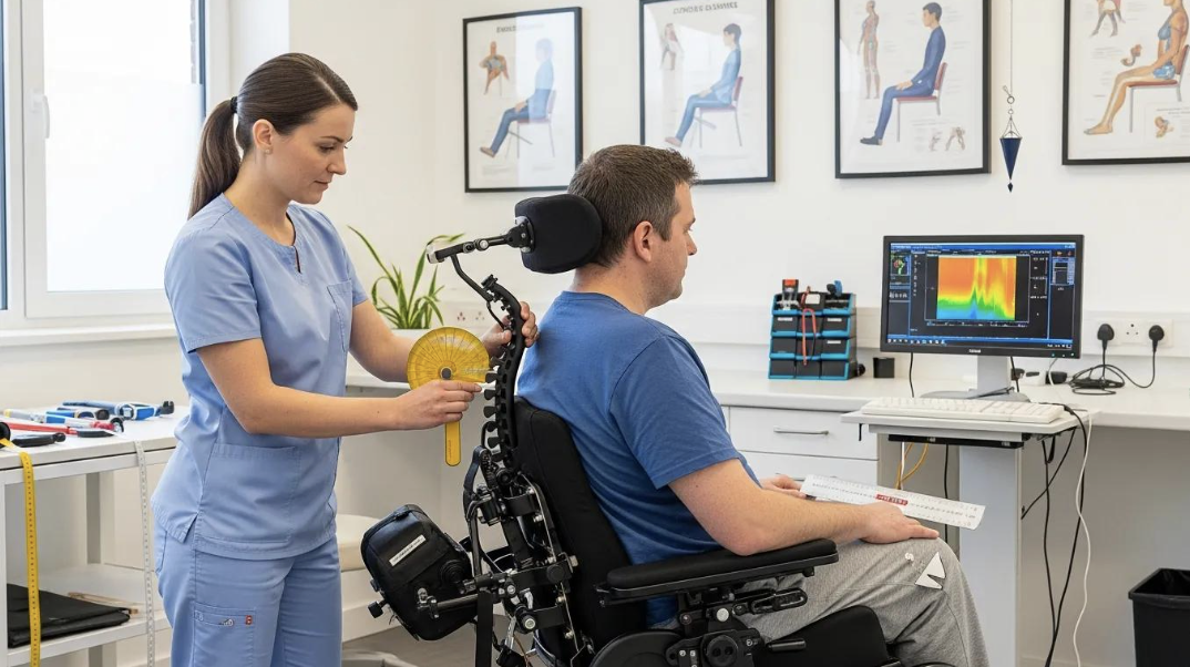 Clinical specialist using postural measurement tools during a wheelchair seating evaluation with pressure mapping technology