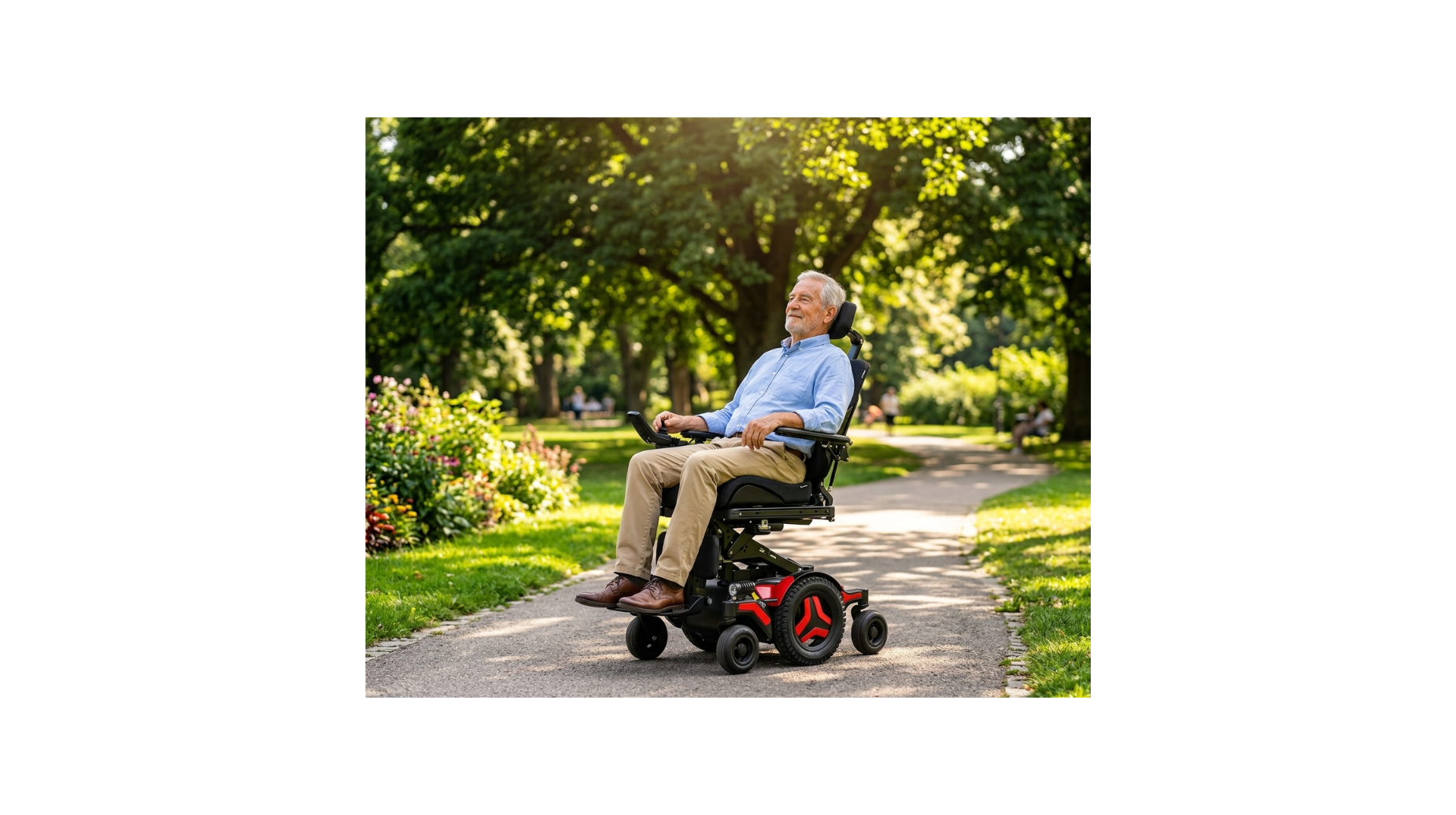 Senior man enjoying a stroll in a power wheelchair on a sunny path surrounded by greenery, highlighting mobility and independence.