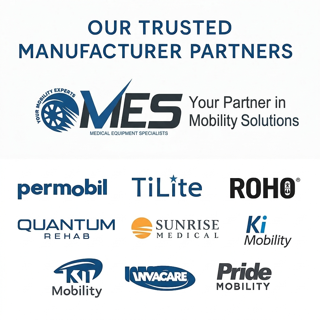 MES Mobility logo with text "Your Partner in Mobility Solutions" and logos of trusted manufacturers: Permobil, TiLite, ROHO, Quantum Rehab, Sunrise Medical, Ki Mobility, Invacare, and Pride Mobility.