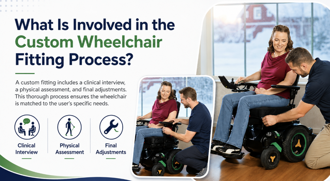 Infographic showing the custom wheelchair fitting process: clinical interview, physical assessment, and final adjustments