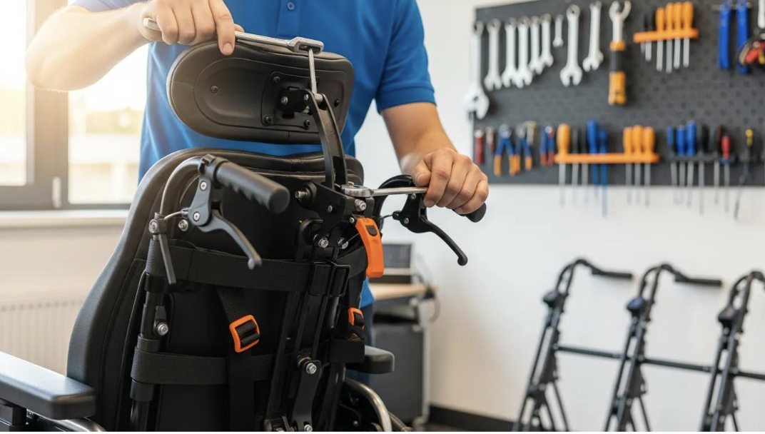 Technician making precise adjustments to a custom power wheelchair seating system in a clinical workshop