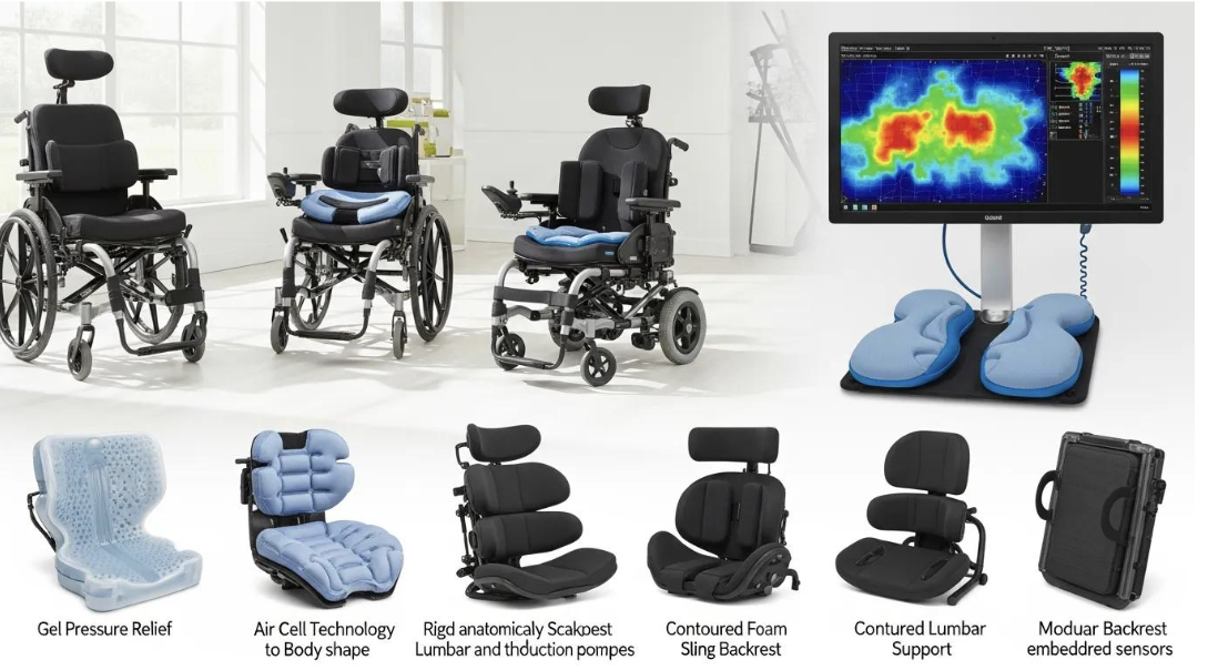 Range of adaptive wheelchair seating systems including gel cushions, contoured backs, air-cell technology, and pressure mapping display