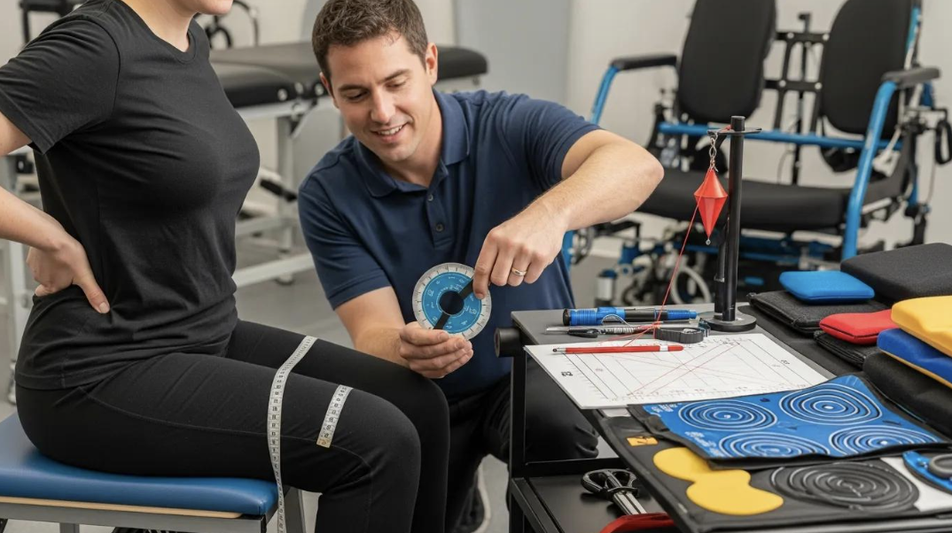 ATP specialist conducting a clinical wheelchair assessment with measurement tools and seating aids