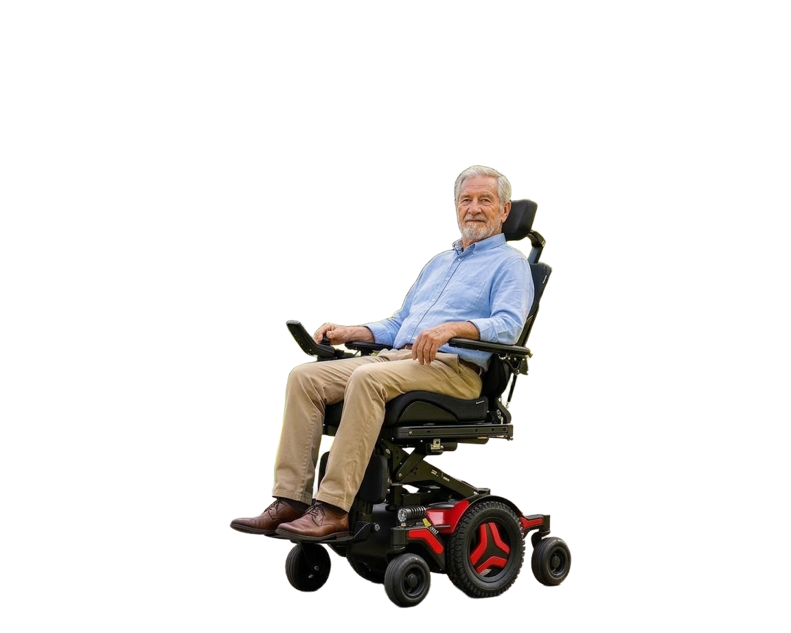 Senior man sitting comfortably in a modern power wheelchair, showcasing mobility solutions for rentals.