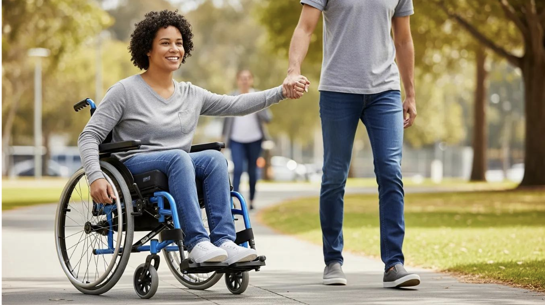 Happy wheelchair user outdoors with caregiver, enjoying improved mobility and independence