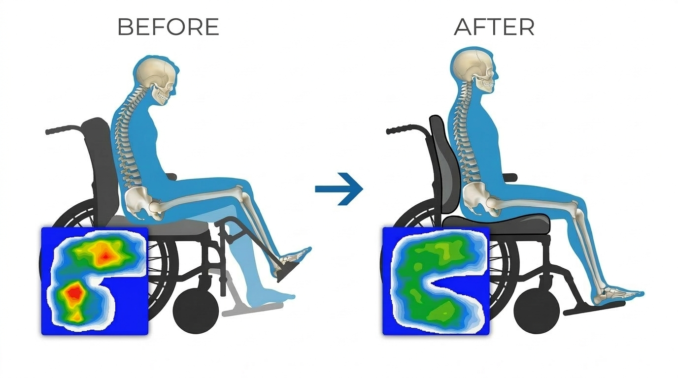Visual comparison of pressure distribution in wheelchair seating: "Before" showing uneven pressure areas and "After" indicating improved symmetrical weight distribution, emphasizing benefits of pressure mapping for preventing sores and optimizing posture.