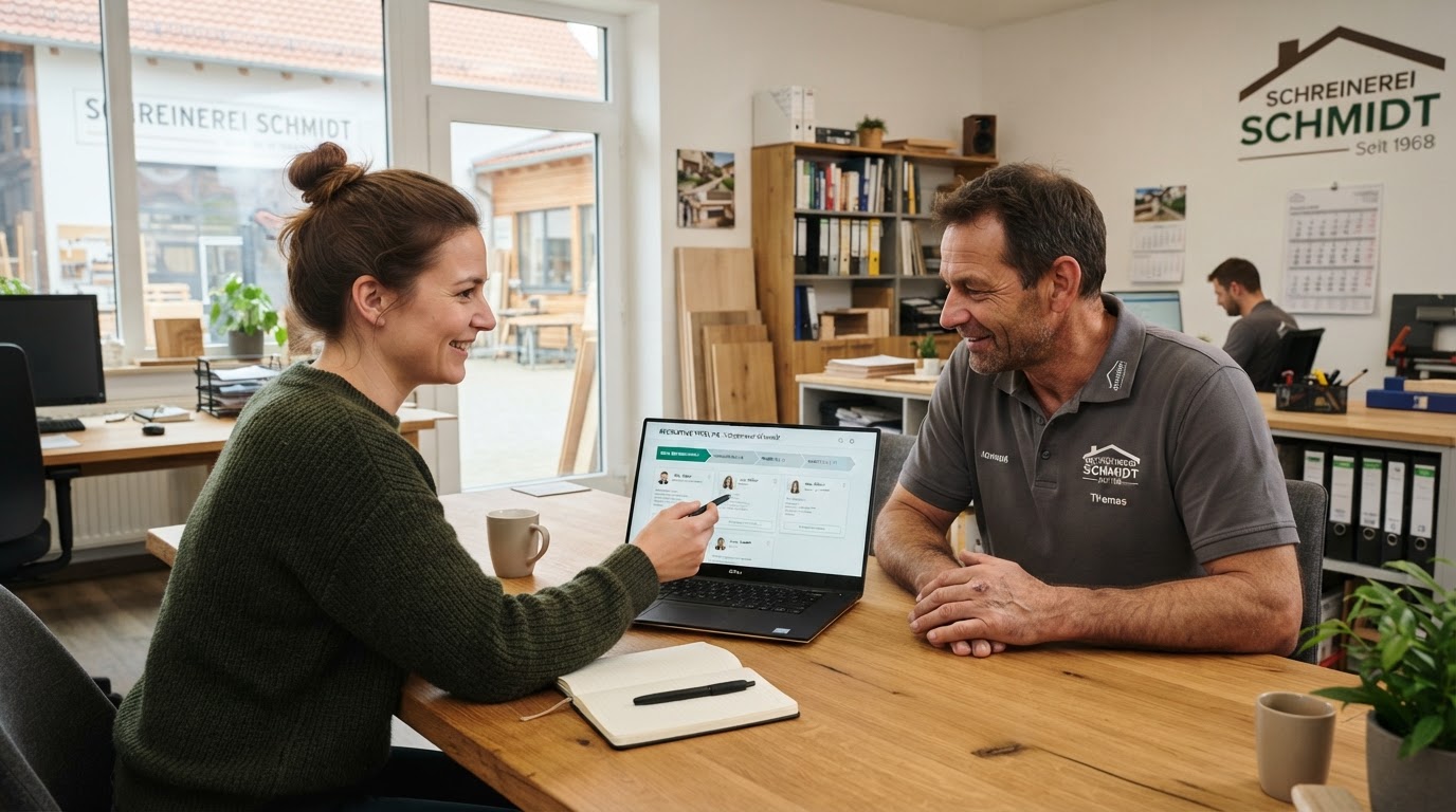 Handwerksbetrieb-Team arbeitet gemeinsam mit einem digitalen Bewerbermanagementsystem