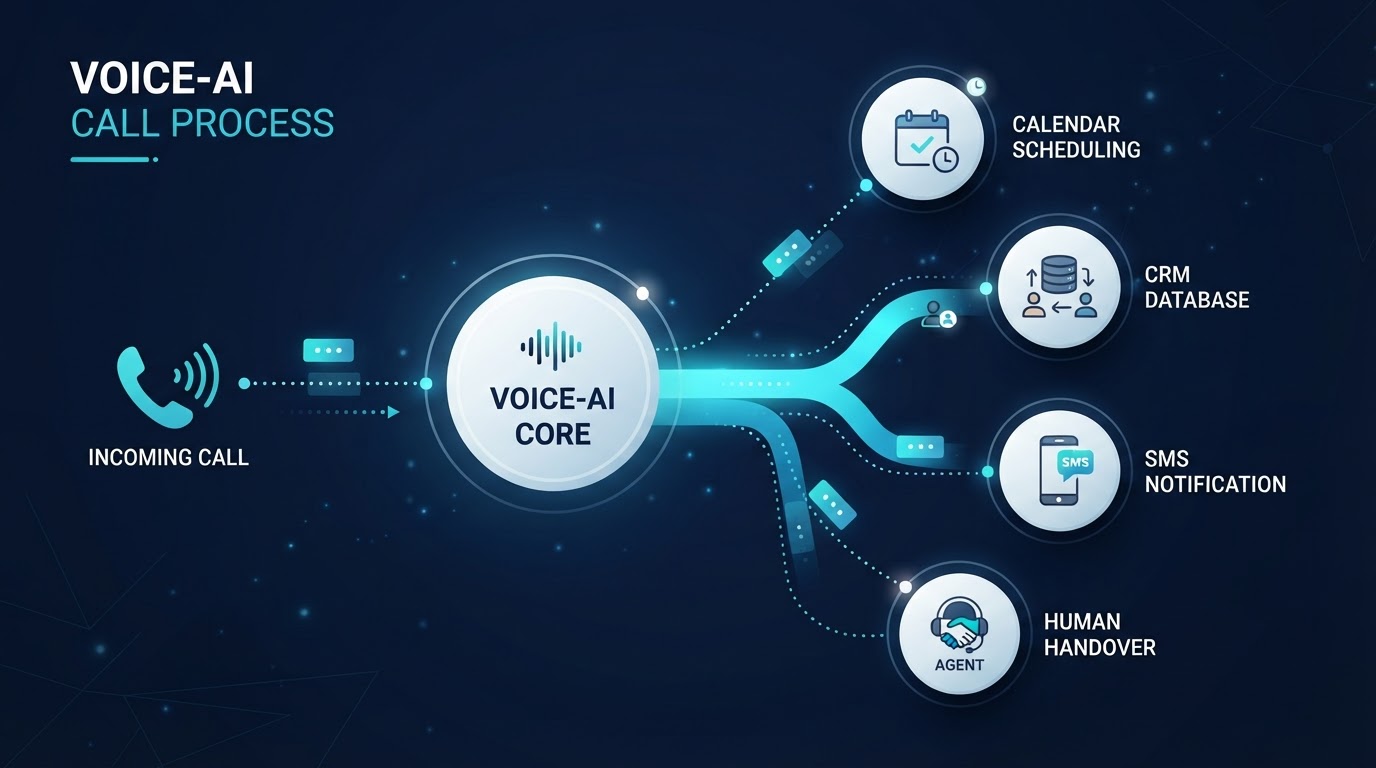 Voice-AI-Prozess: eingehender Anruf wird mit CRM, Kalender und Workflow verbunden