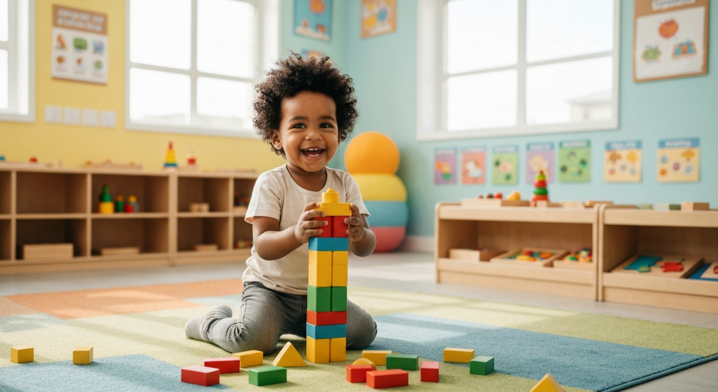 Happy toddler playing in daycare