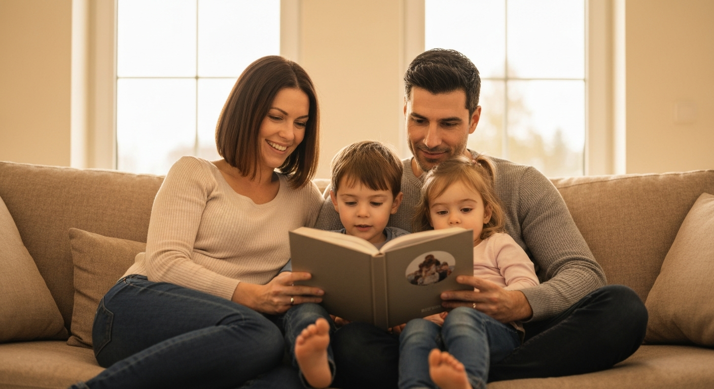 Displaced family reading comfortably on couch in NuBNB home