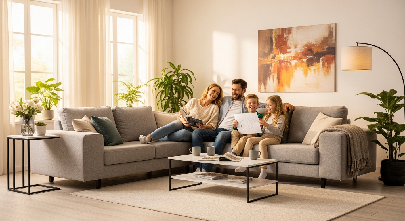 Happy family relaxing in a comfortable NuBNB living room