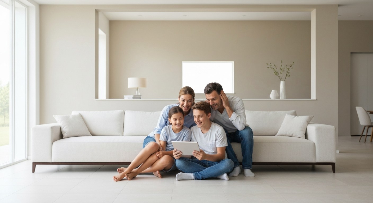 Family finding answers on a tablet in a comfortable NuBNB living room