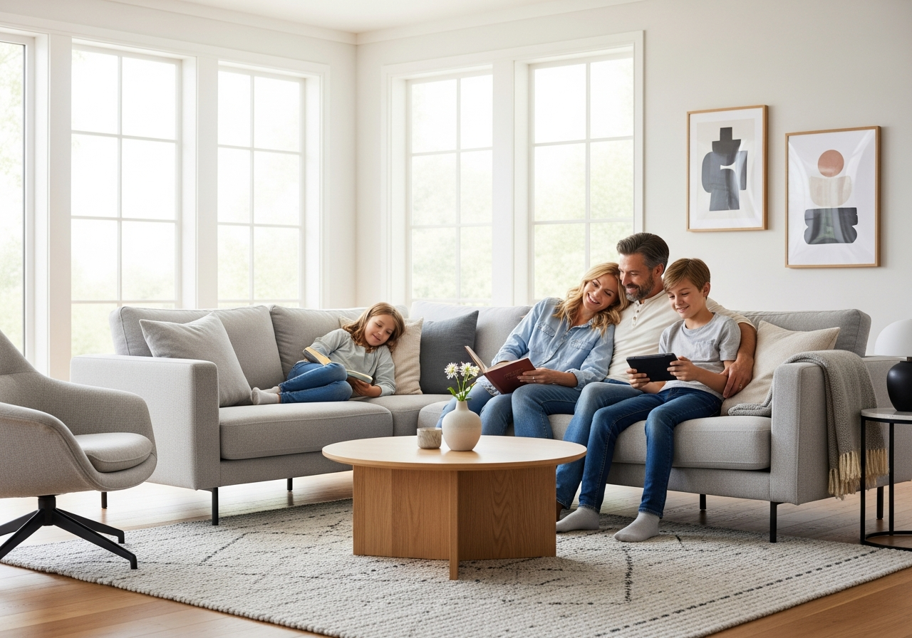 Happy family in comfortable NuBNB temporary home