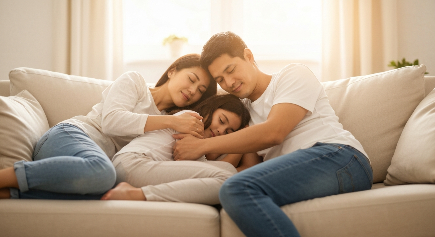 Displaced family comforting each other