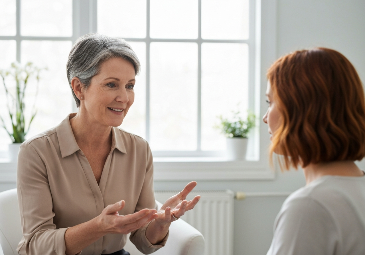 Two women talking in a counseling session