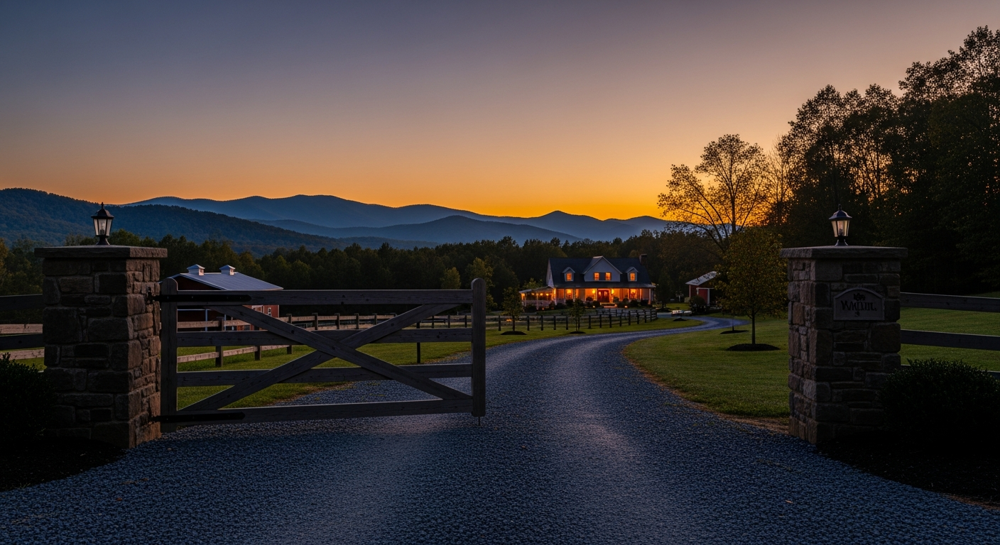 Farm front gate at dusk