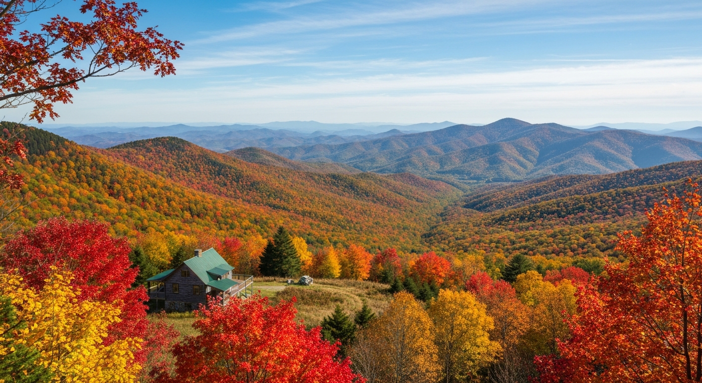 Vibrant fall foliage and autumn leaf peeping views from Pride's Mountain in Virginia