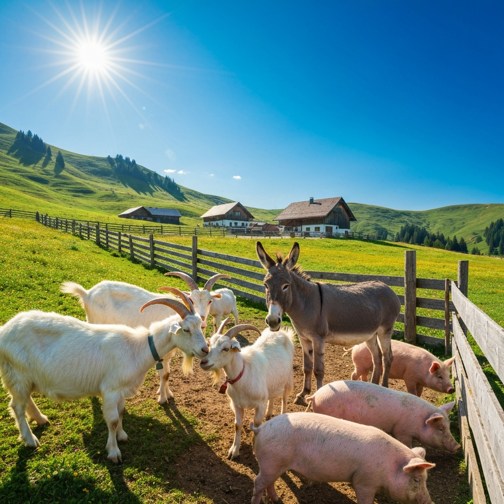 Friendly farm animals, goats, donkeys, and pigs at Pride's Mountain agritourism farm stay in Bastian Virginia