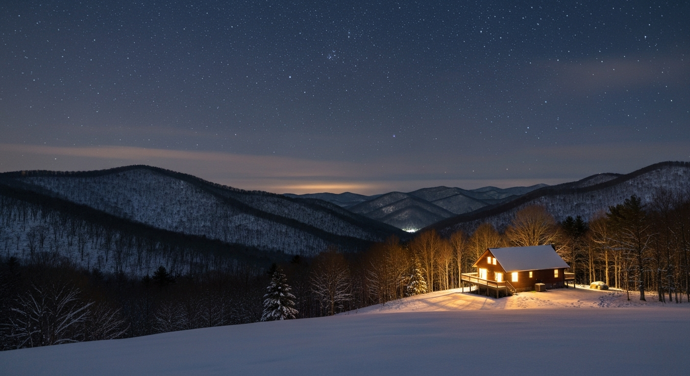 Cozy winter snow covering the mountain landscape at Pride's Mountain retreat