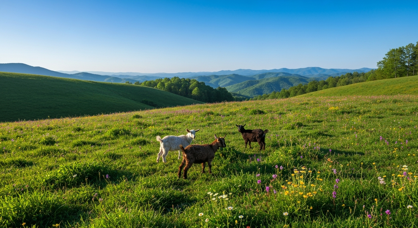Springtime wildflowers blooming across the Appalachian mountain meadows at Pride's Mountain