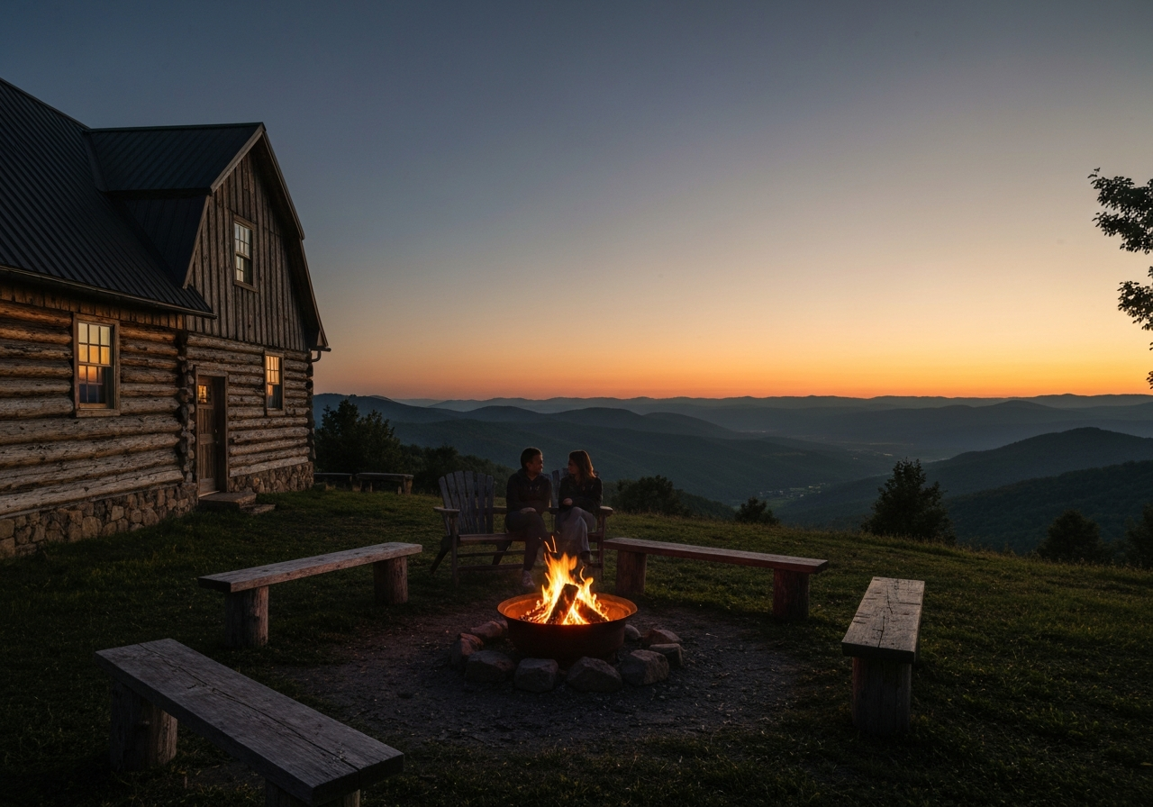Scenic view of Pride's Mountain farm amenities including fire pit and mountain views